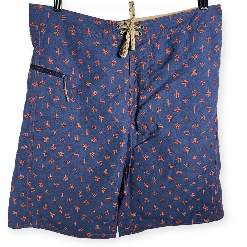 Patagonia Men's Shorts Wavefarer Printed Swim Trunks Size 34 Blue Orange - Picture 1 of 9
